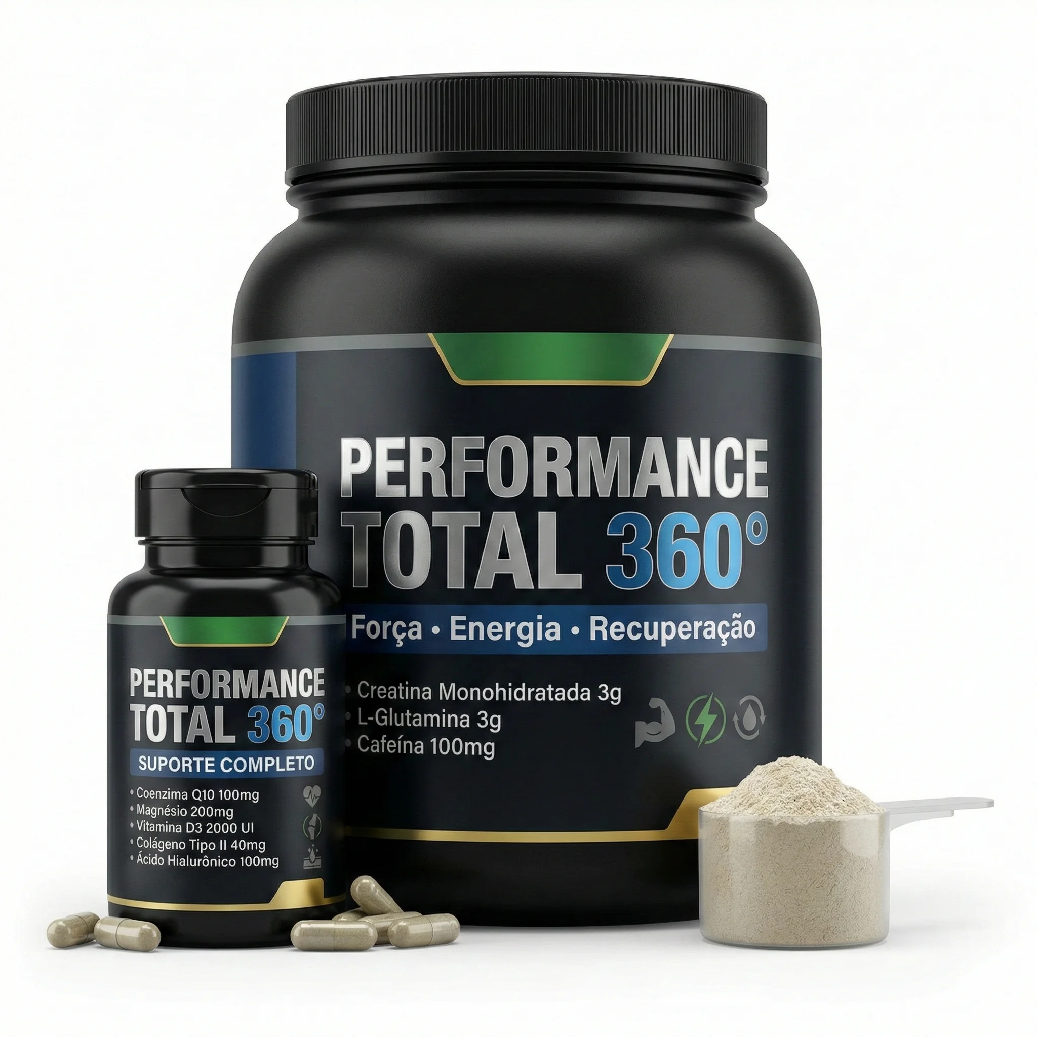 Kit Performance Total 360° Creatina + Glutamina + Energia + Articulações | Coq10 + Magnésio + Vitamina D + Colágeno Tipo2